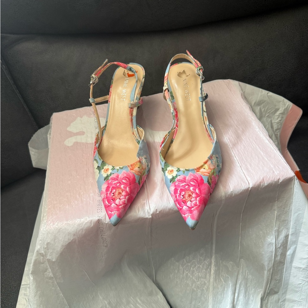 Nine West Floral Pointed Slingback Heels in Pink and Blue